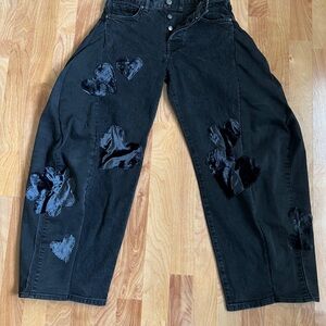 Upcycled Reworked We The Free Black Barrell Jeans w Velvety Heart Accents sz 24